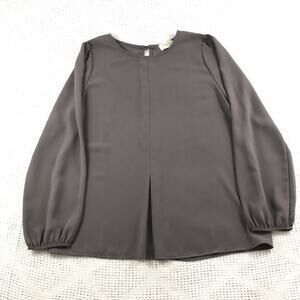 Everly Lg Gray Blouse w/ Keyhole Back Long Sleeves Round Neck Neat Pleat Front